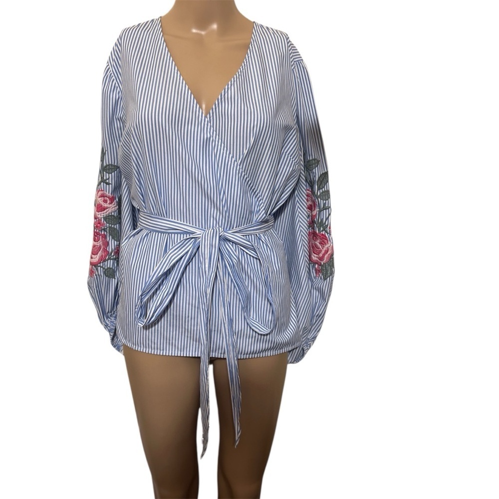 INC International Concepts Blue Striped Wrap Blouse with Pink Floral Sleeves